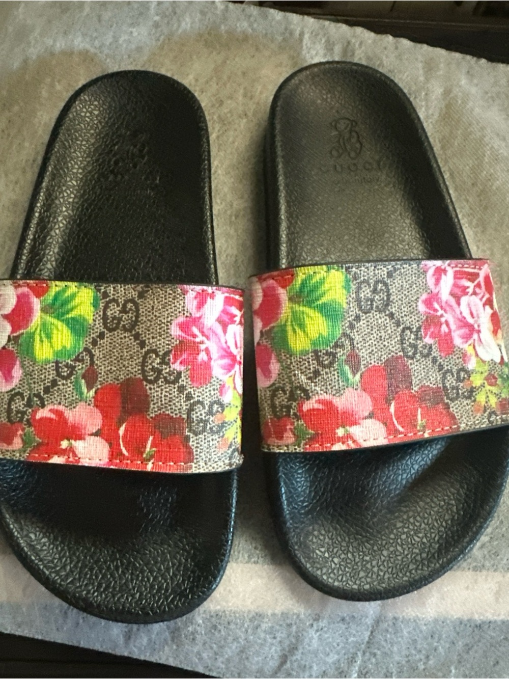 Gucci Black Slides with Floral GG Strap